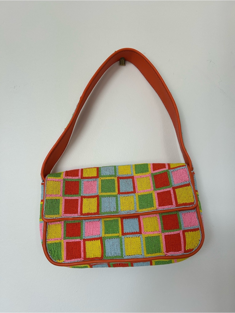 STAUD Tommy Multi Check Hand Beaded Shoulder Bag Rare + Dust Bag